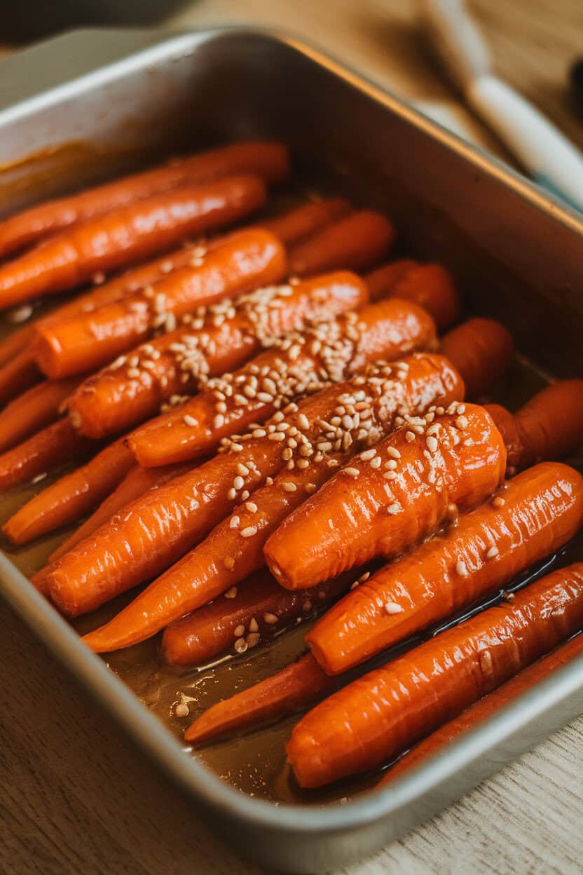 Indoor baking dish filled with glazed baby carrots coated in maple tahini sauce, sesame seeds sprinkled on top, no branding.