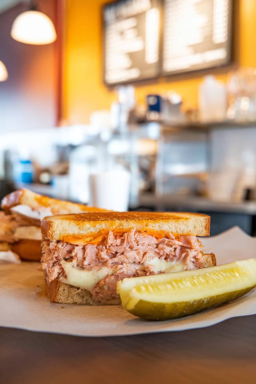 An indoor lunch counter scene showing a golden-brown tuna melt with cheese oozing slightly, pickle spear on the side. Photo only, free of logos and text.