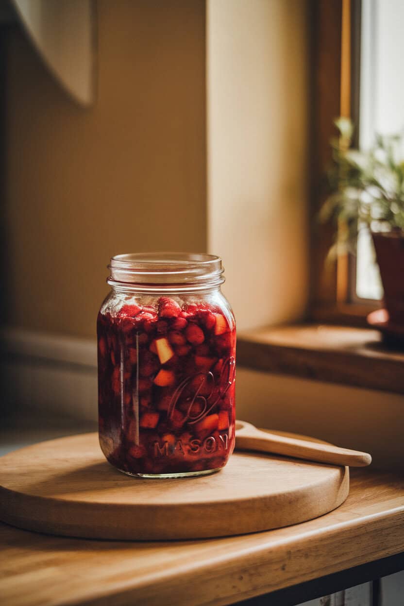 A mason jar of chunky cranberry-apple chutney on a kitchen counter, spoon resting beside, indoor ambient light, no text or logos.