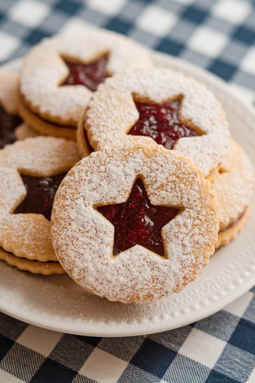 Indoor tabletop shot of linzer cookies dusted with powdered sugar, fig jam peeking through star cutouts. No text or logos.