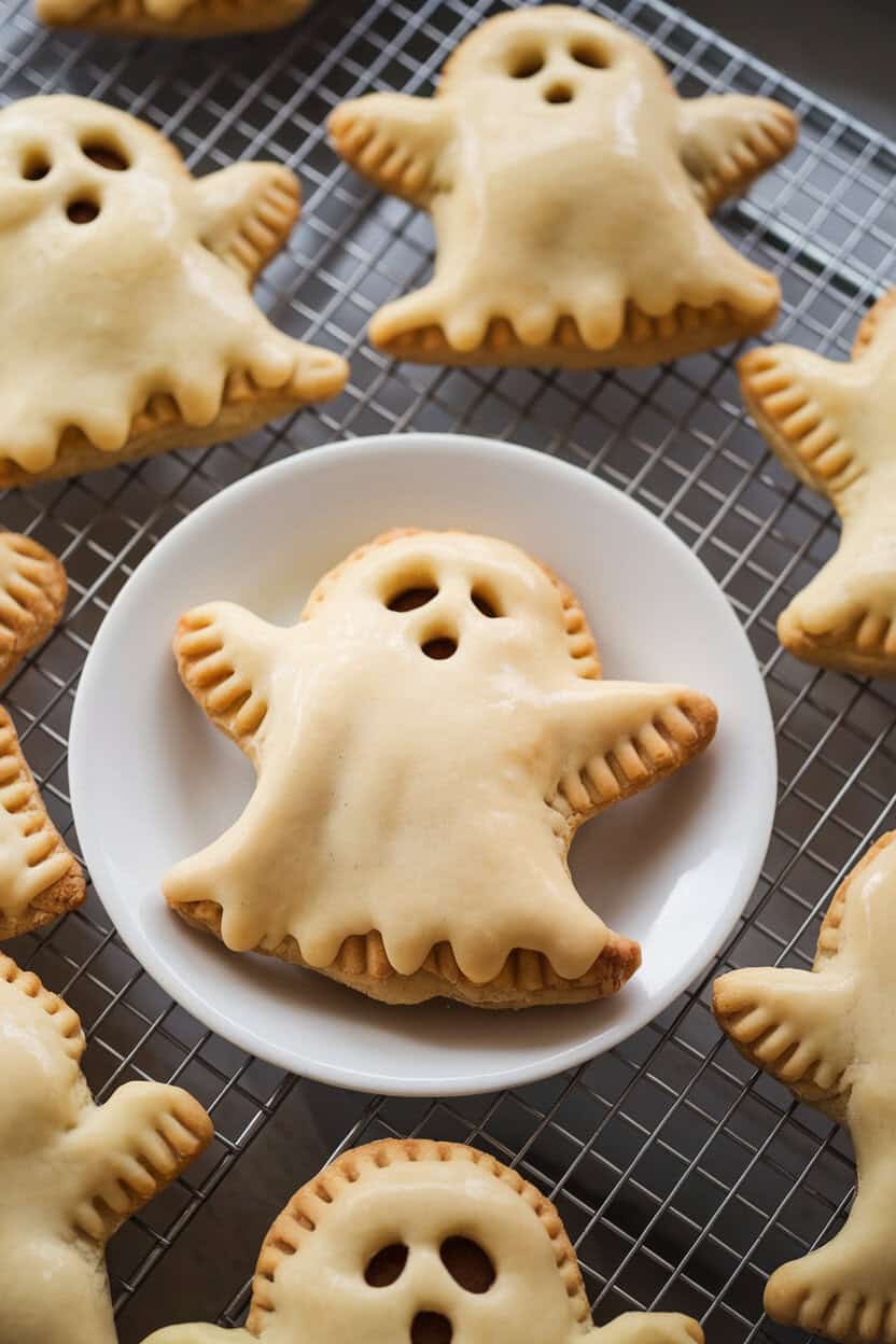 Indoor cooling rack holding ghost-shaped hand pies with maple-glazed tops and two small eye holes vented in the crust. No text or logos. Photo only.