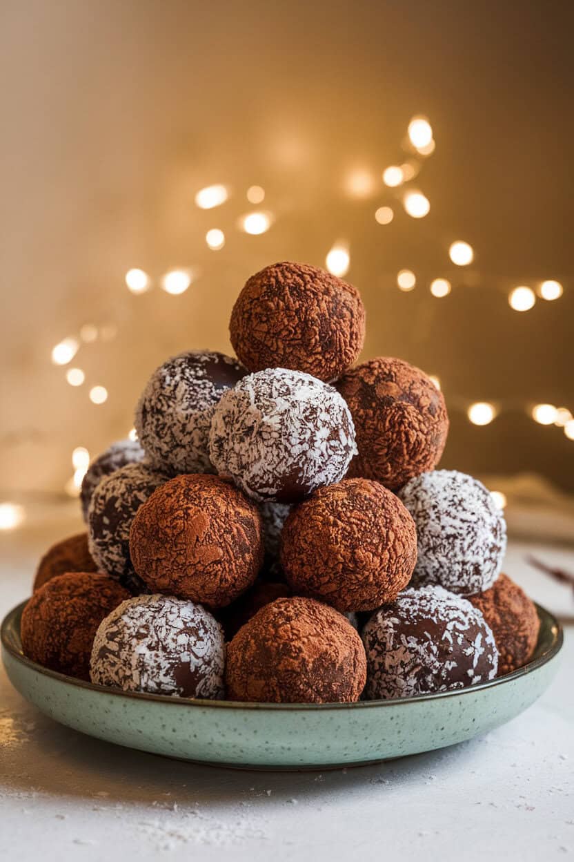 An indoor plate piled with chocolate rum balls rolled in cocoa and desiccated coconut, gentle holiday lighting. No text or logos. Photo, not illustration.