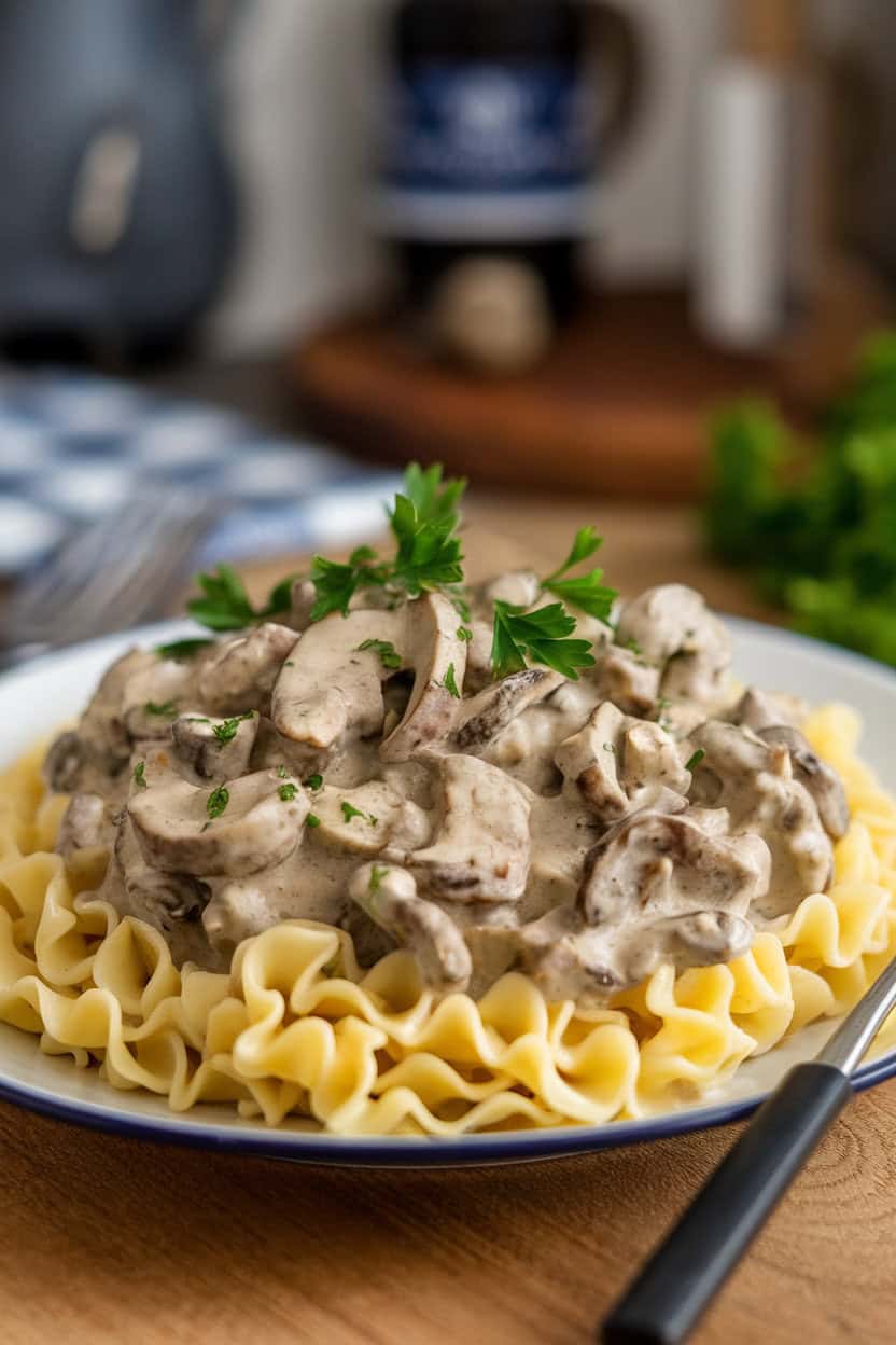 Indoor photo of egg noodles topped with creamy beef and mushroom stroganoff, garnished with parsley. No text or logos anywhere in the scene.