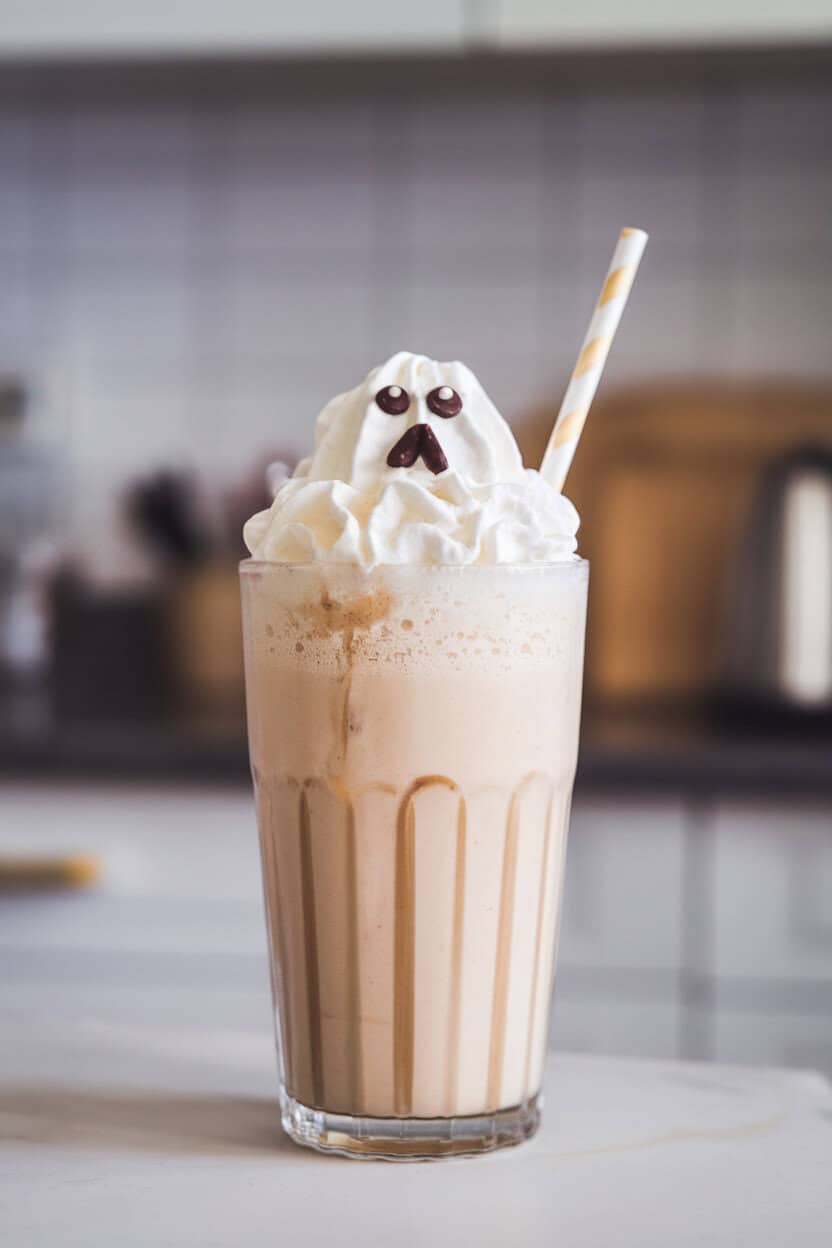 Photo, not illustration. Frosty vanilla milkshake in tall indoor glass with whipped cream ghost shape and mini chocolate chip eyes. No branding on straw or glass.