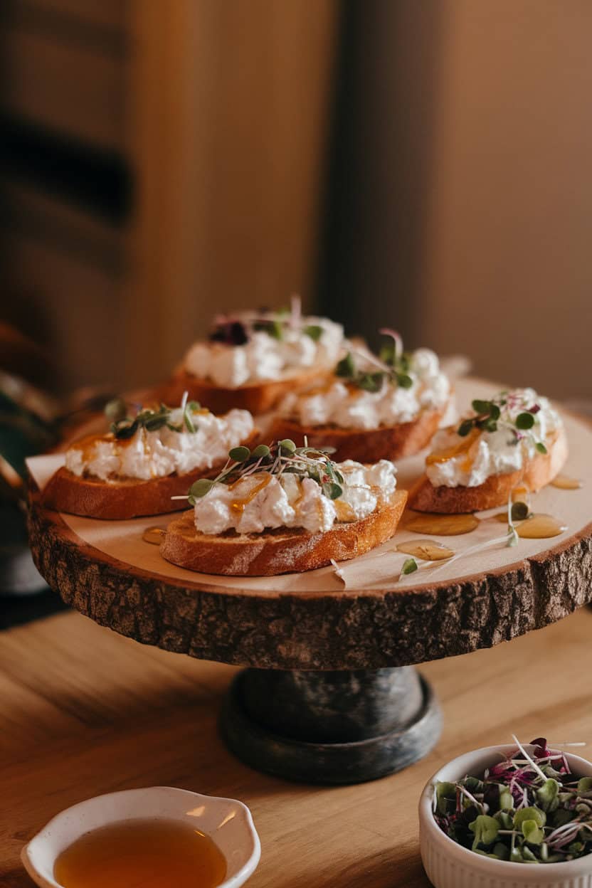 Photo of a wooden board indoors with toasted baguette slices topped with whipped goat cheese, honey drizzle, and micro-greens; warm lighting, no text or logos