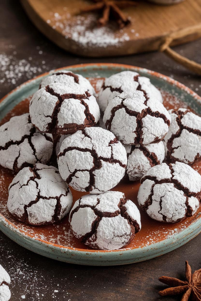 An indoor photo of dark chocolate crinkle cookies dusted in powdered sugar, arranged on a rustic ceramic platter. Cracks reveal fudgy centers; no text or logos.