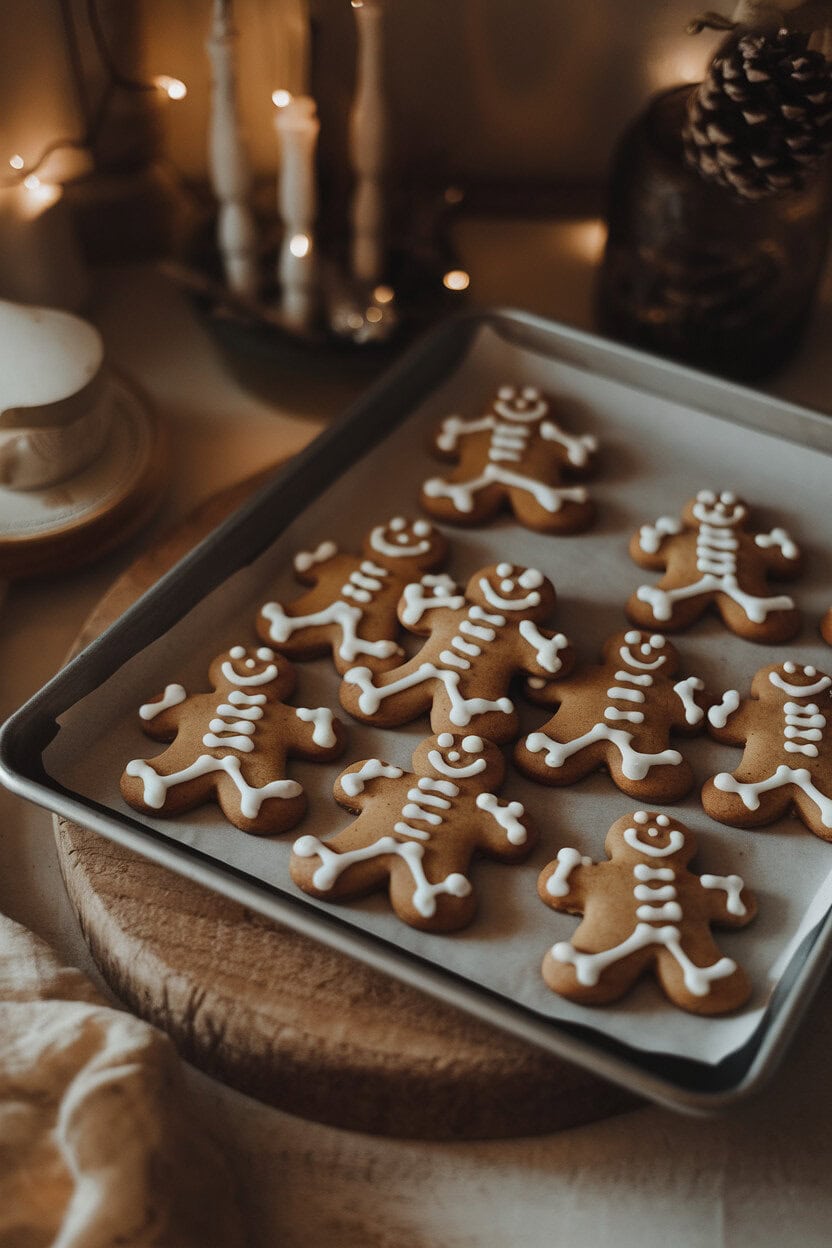 Photo, not illustration. Indoor cookie sheet with classic gingerbread men iced with white skeleton bones. Warm lighting, no logos.
