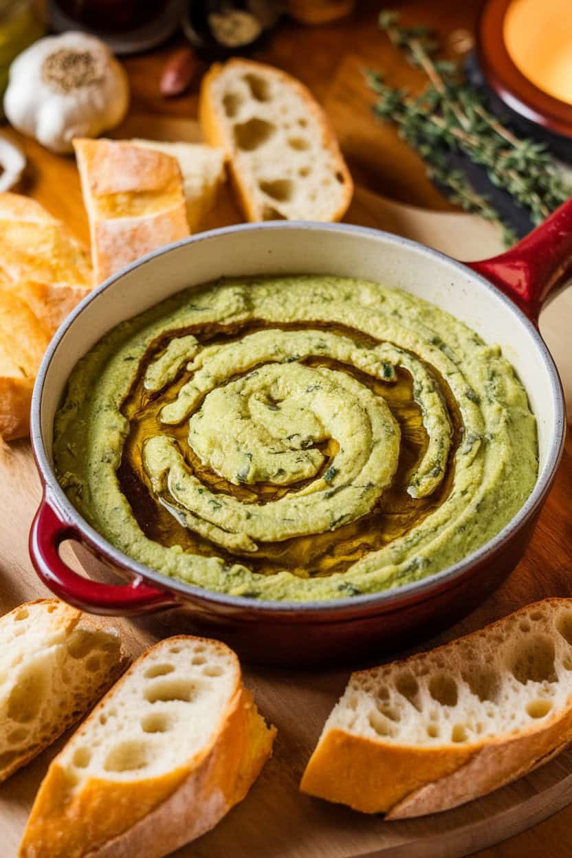 Photo, not illustration — indoor ceramic skillet of bubbling green spinach-artichoke dip with dark oil swirls on top for a swamp effect; warm light, no text or logos