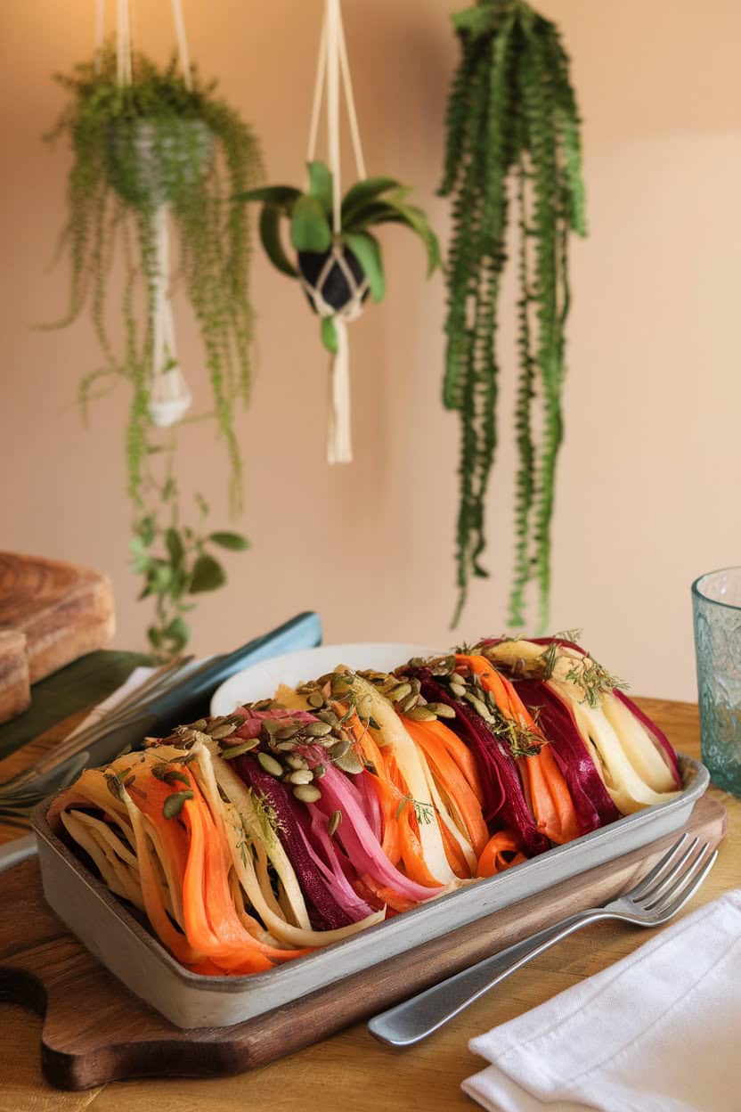 An indoor dining scene with a broad platter of multicolored ribbons of carrot, beet, and parsnip, sprinkled with pumpkin seeds and herbs, lightly dressed. No text or logos; photo, not illustration.