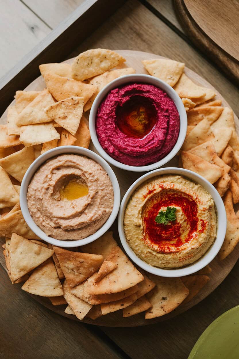 An indoor serving board featuring three small bowls of classic, beet, and roasted red pepper hummus, surrounded by pita chips. No text or logos.