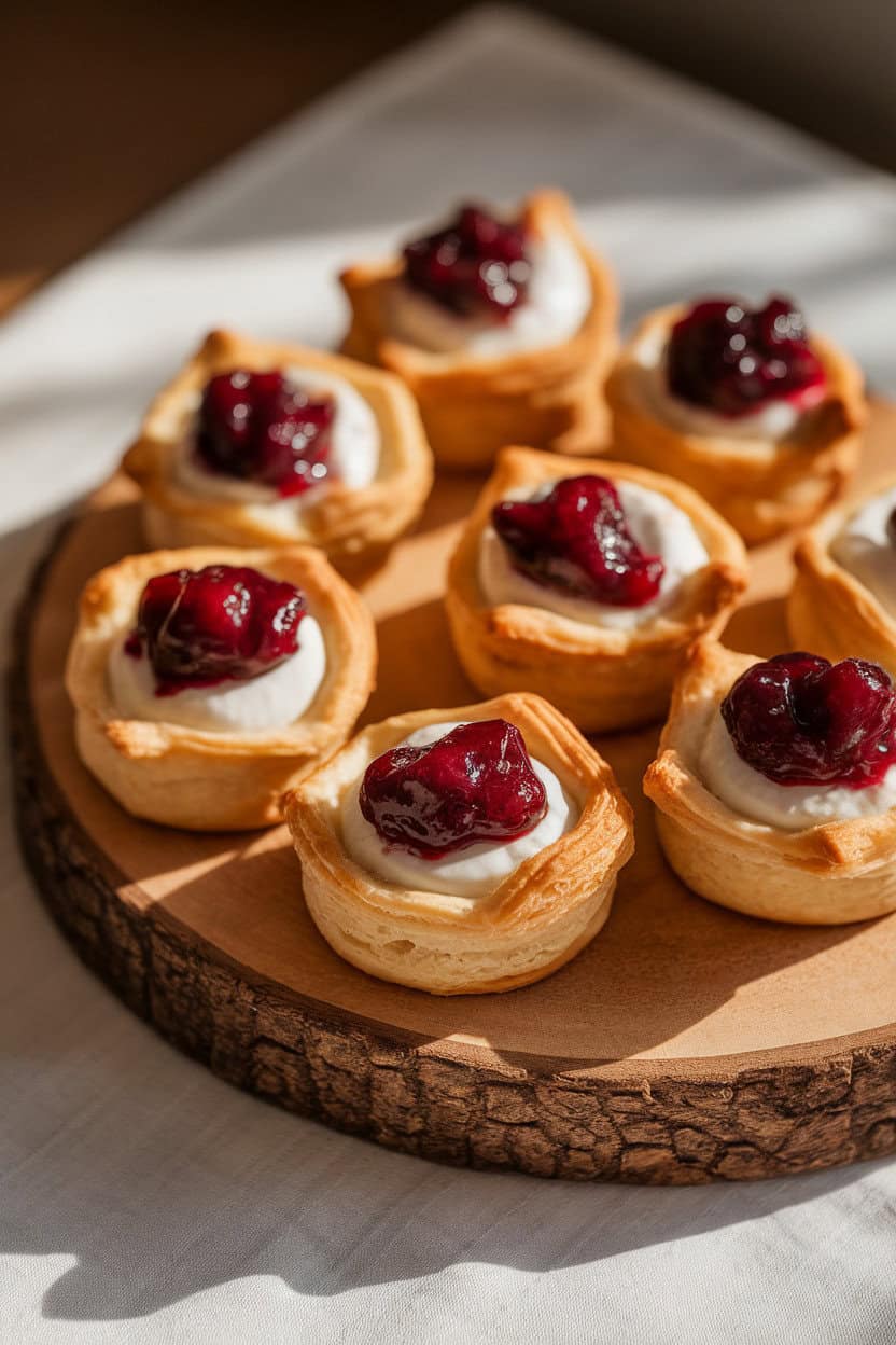 A wooden board under soft indoor lighting featuring puff-pastry cups filled with melted brie and ruby cranberry sauce, no text or logos.