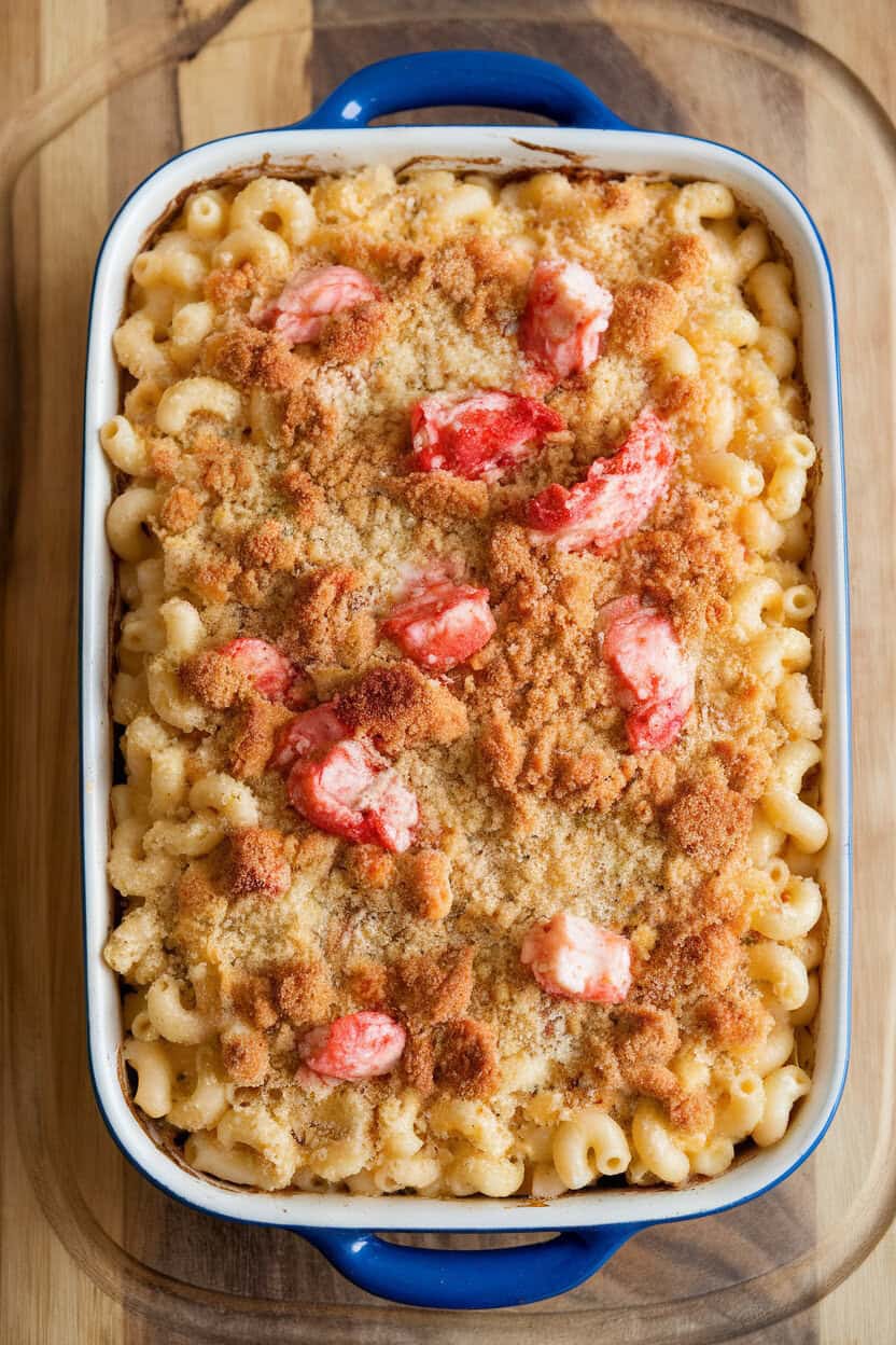 An indoor casserole dish of bubbling macaroni and cheese dotted with lobster chunks, golden breadcrumb topping just toasted. No text or logos; photo only.