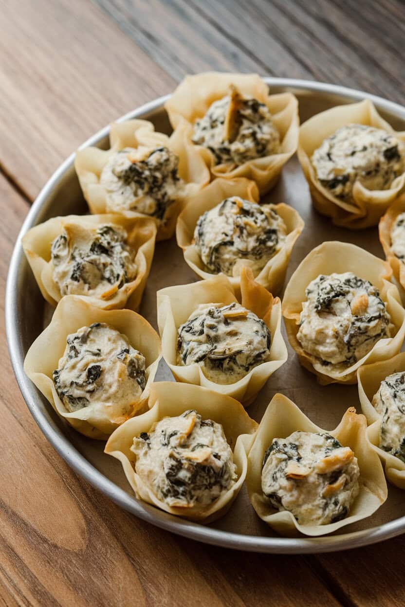 Indoor tray featuring phyllo cups filled with creamy spinach artichoke dip, lightly browned on top, no text or logos, photo style