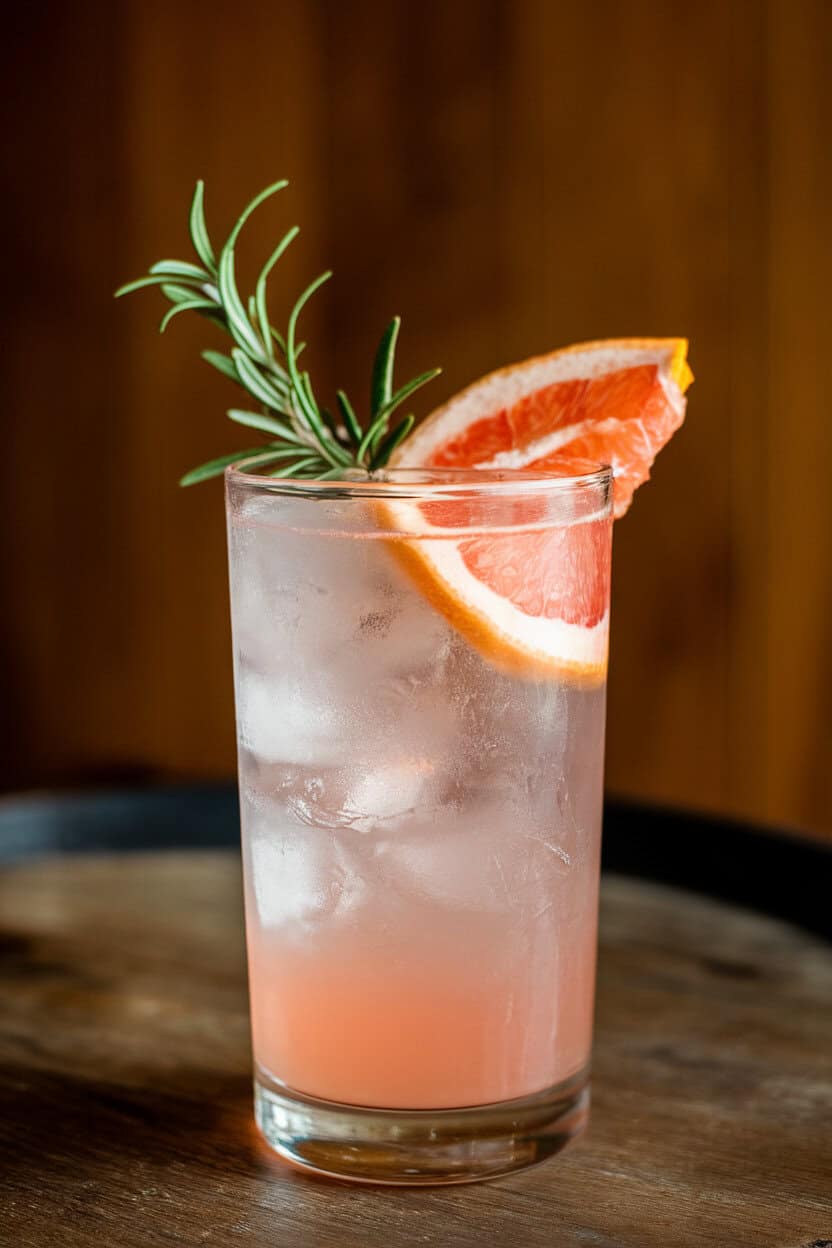 Indoor highball glass with pale pink cocktail over ice, rosemary sprig and grapefruit wedge garnish. No text or logos.