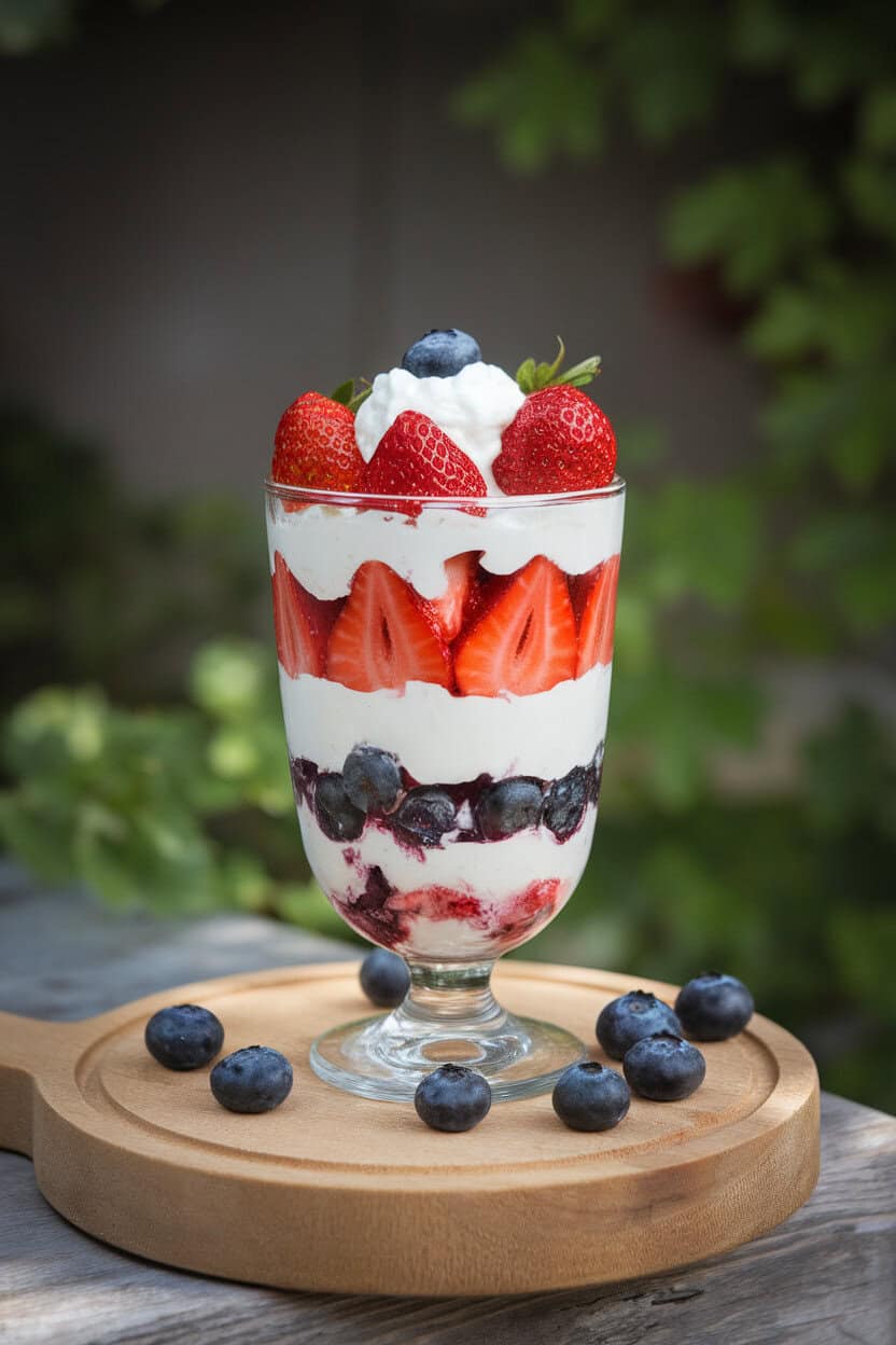 Indoor tabletop photo of layered parfait glasses filled with strawberries, whipped cream, and blueberries. No text or logos. Photo, not illustration.