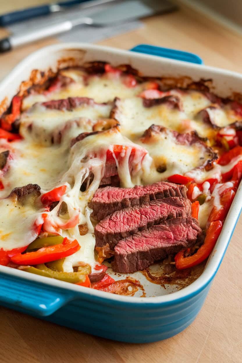 Indoor countertop shot of a casserole filled with sliced steak, sautéed peppers and onions, and melted provolone stretching as a piece is lifted. No text or logos. Photo.