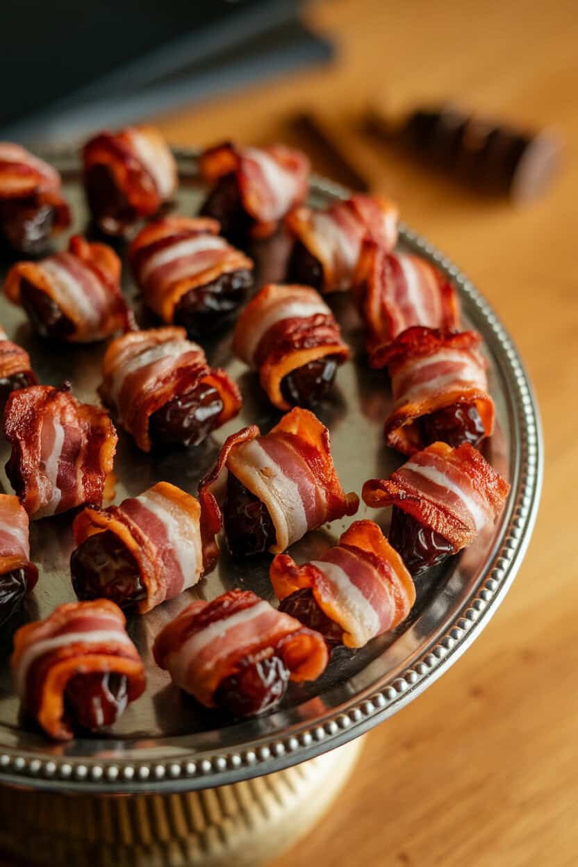 An indoor serving tray holding neatly arranged bacon-wrapped dates, bacon edges crisp and caramelized. No text or logos. Photo, not an illustration.