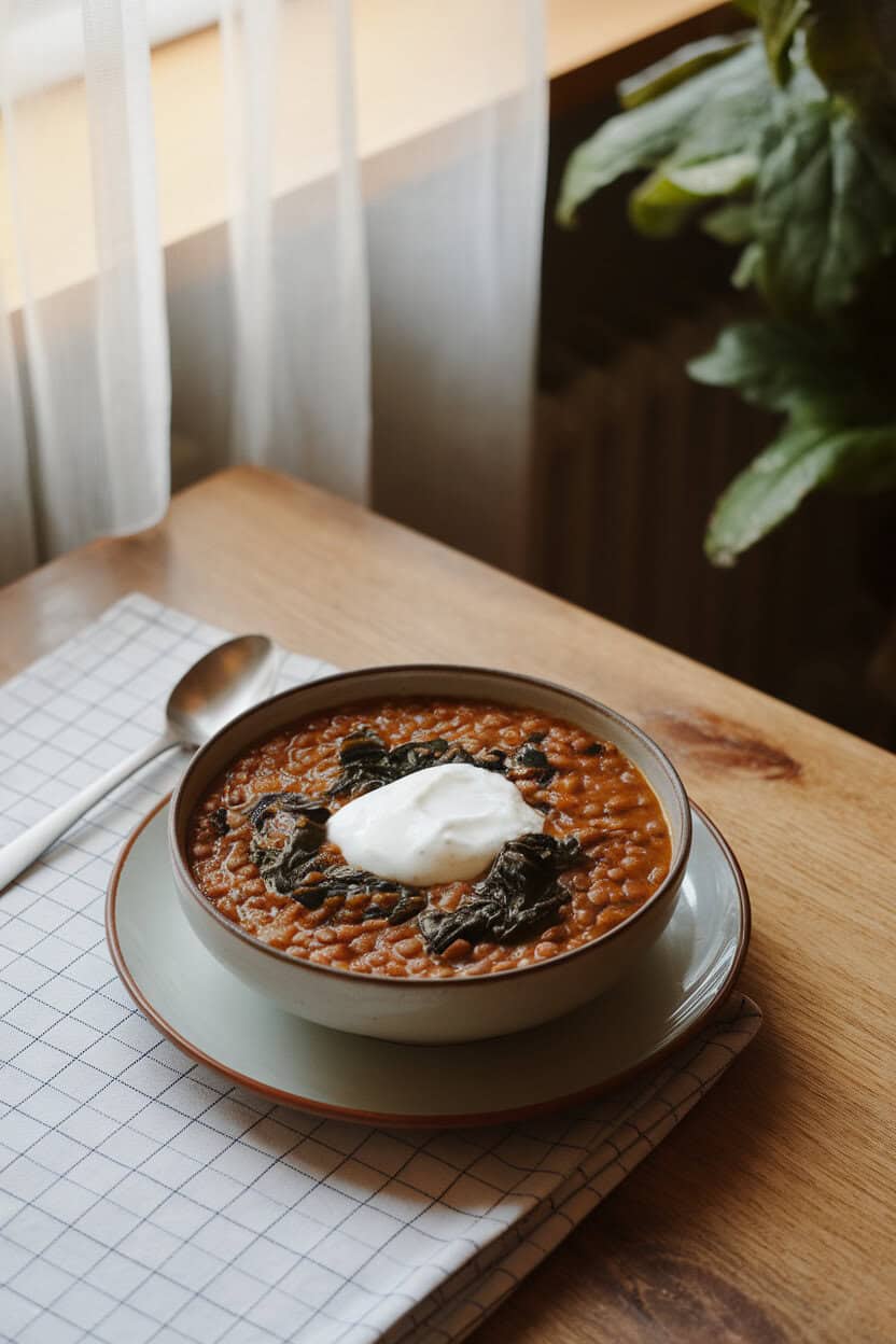 A bowl of thick lentil stew flecked with wilted spinach and dolloped with yogurt, set on an indoor wooden table. No logos; photo, not illustration.