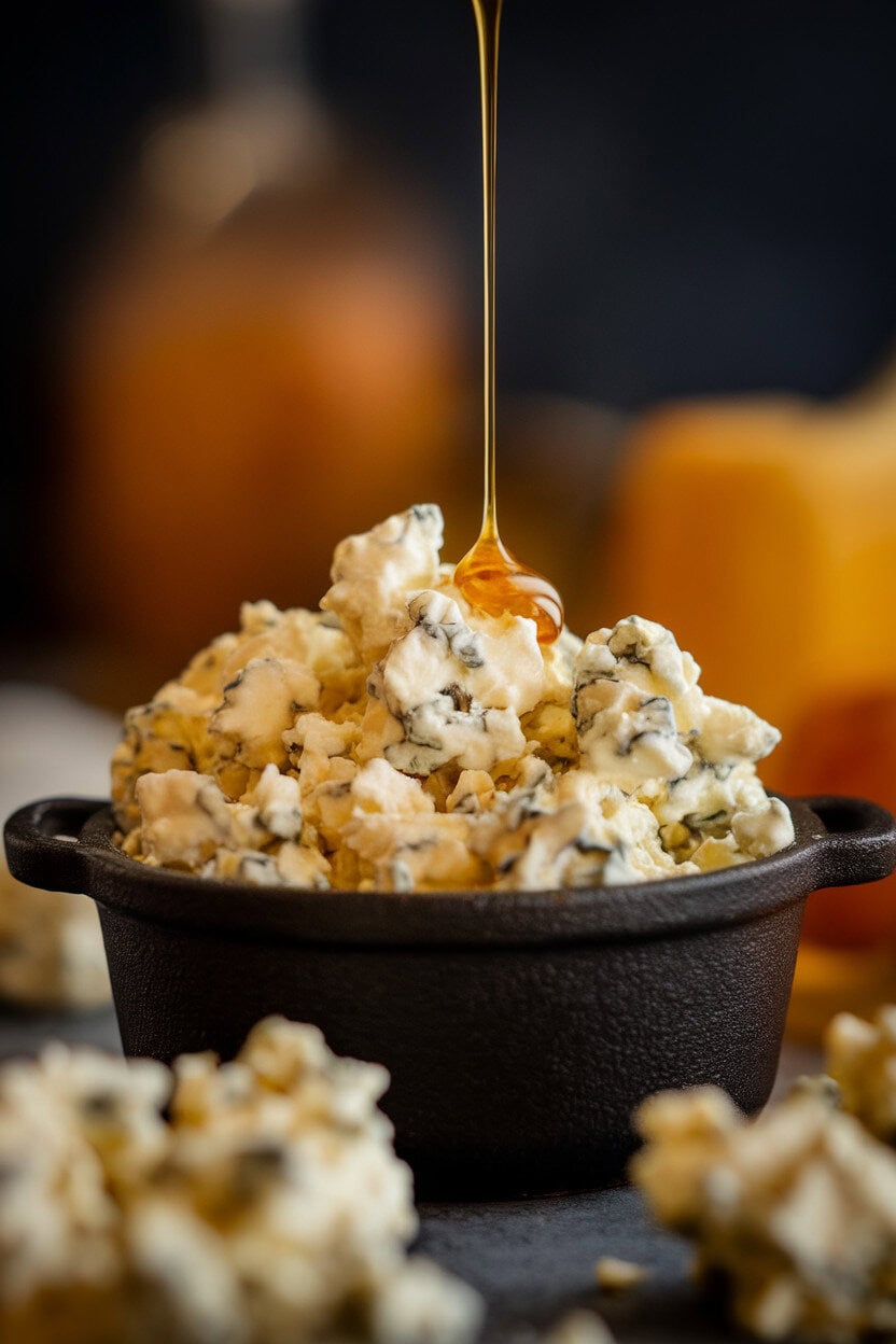 Indoor photo of creamy blue cheese crumbles piled in a black mini Dutch oven, thin honey drizzle on top. No text or logos present.