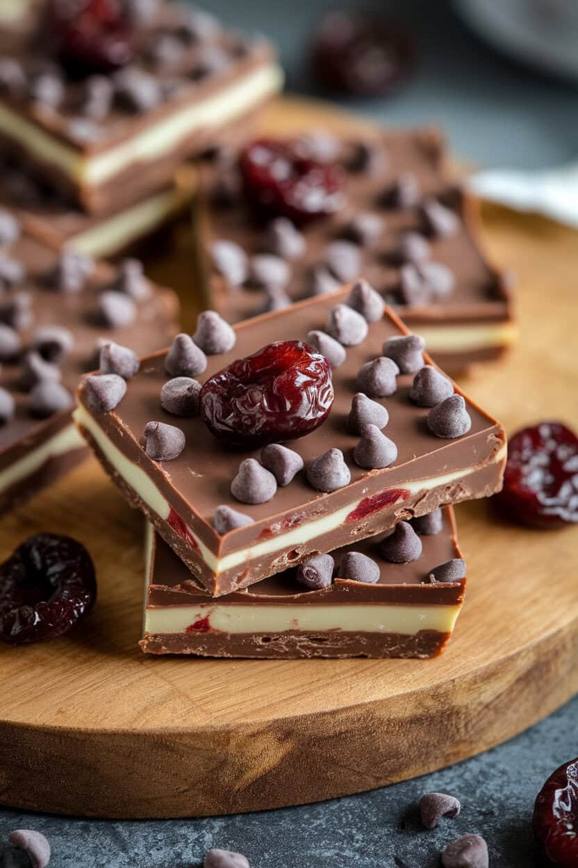 Indoor countertop photo of milk-chocolate toffee with dried tart cherries and mini semi-sweet chips on top. No text or logos.