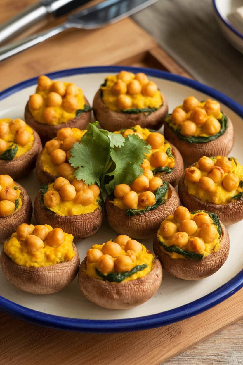 Photo indoors of a ceramic platter with yellow-hued curried chickpea and spinach stuffed mushrooms, cilantro garnish. No text or logos visible.