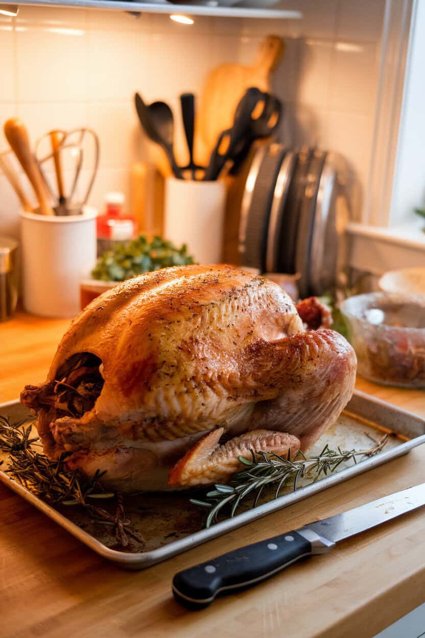 A warmly lit kitchen counter showing a spatchcocked cooked turkey flattened on a sheet pan, flecks of rosemary and thyme visible, carving knife nearby, no text or logos.