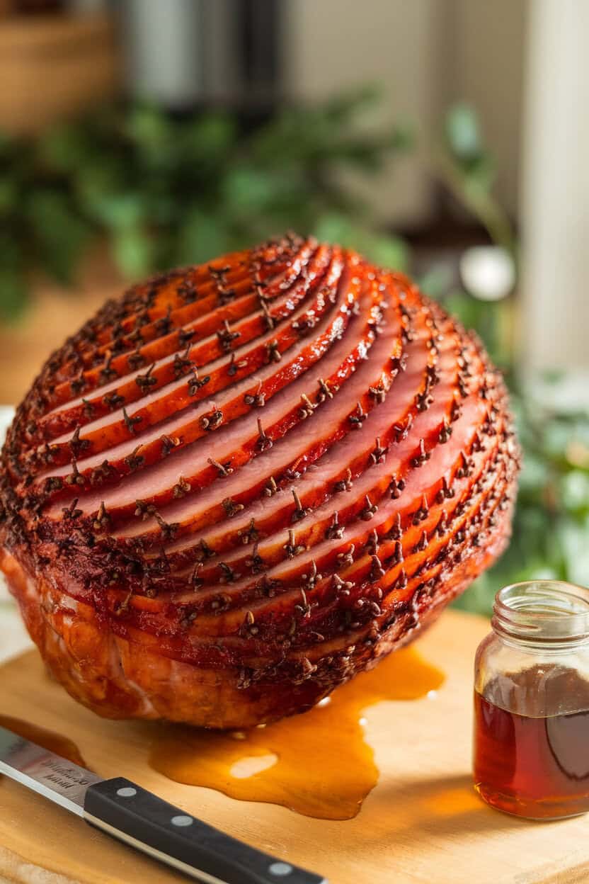 Indoor photo of spiral-sliced ham brushed with glossy maple glaze, clove-studded rind catching the light. No text or logos.
