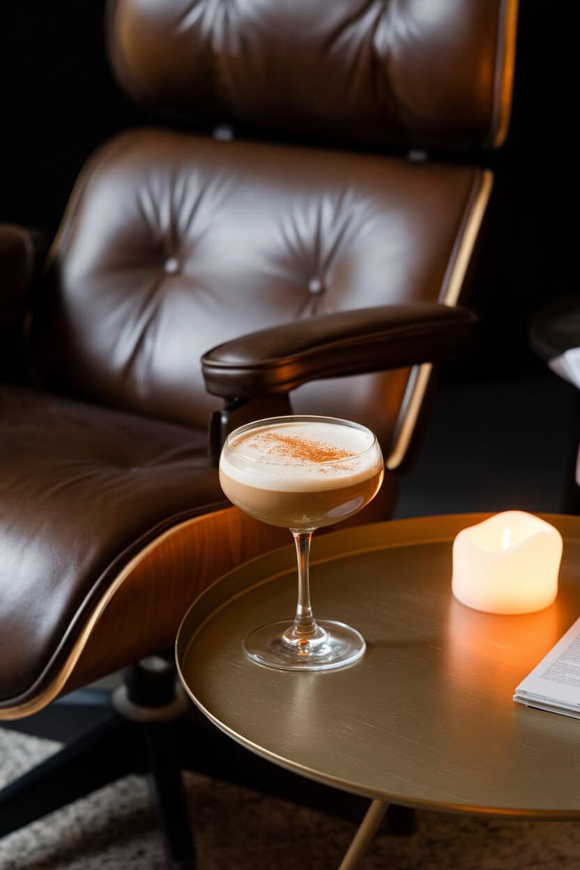 An indoor lounge chair side table with a coupe glass of creamy Vanilla Chai Brandy Alexander, light dusting of cinnamon, soft candle glow; no text or logos; photo