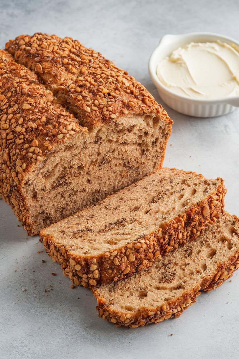 Indoor photo of a loaf coated in everything-bagel seasoning, slice revealing dense crumb, small dish of cream cheese nearby. No logos or text.