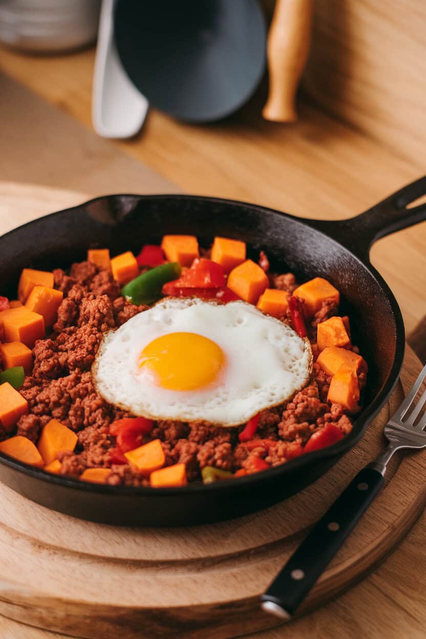 Indoor photo of a cast-iron skillet containing diced sweet potatoes, ground beef, peppers, and a sunny-side egg. No text or logos present.