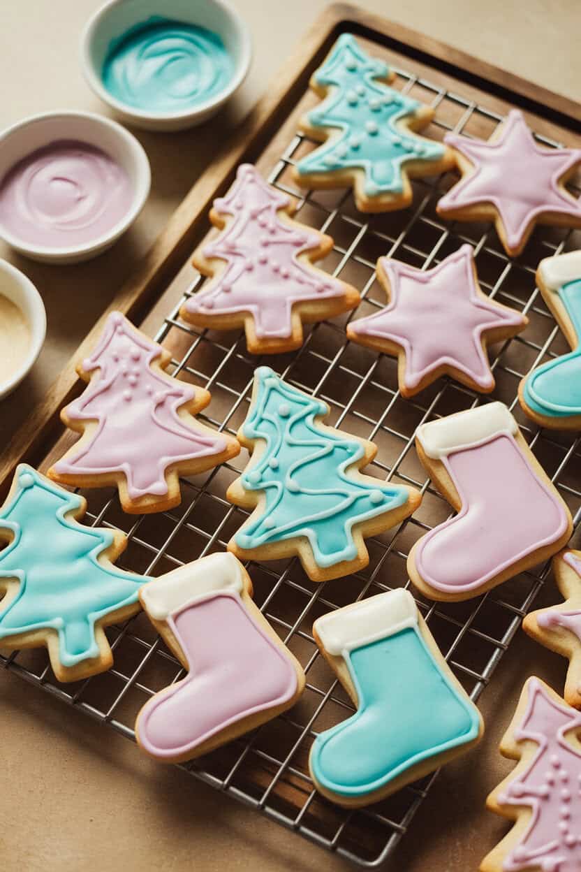 An indoor photo of iced sugar cut-out cookies in festive shapes—trees, stars, and stockings—resting on a cooling rack beside small bowls of colorful royal icing. Soft, warm lighting highlights the glossy icing; no text or logos are visible.