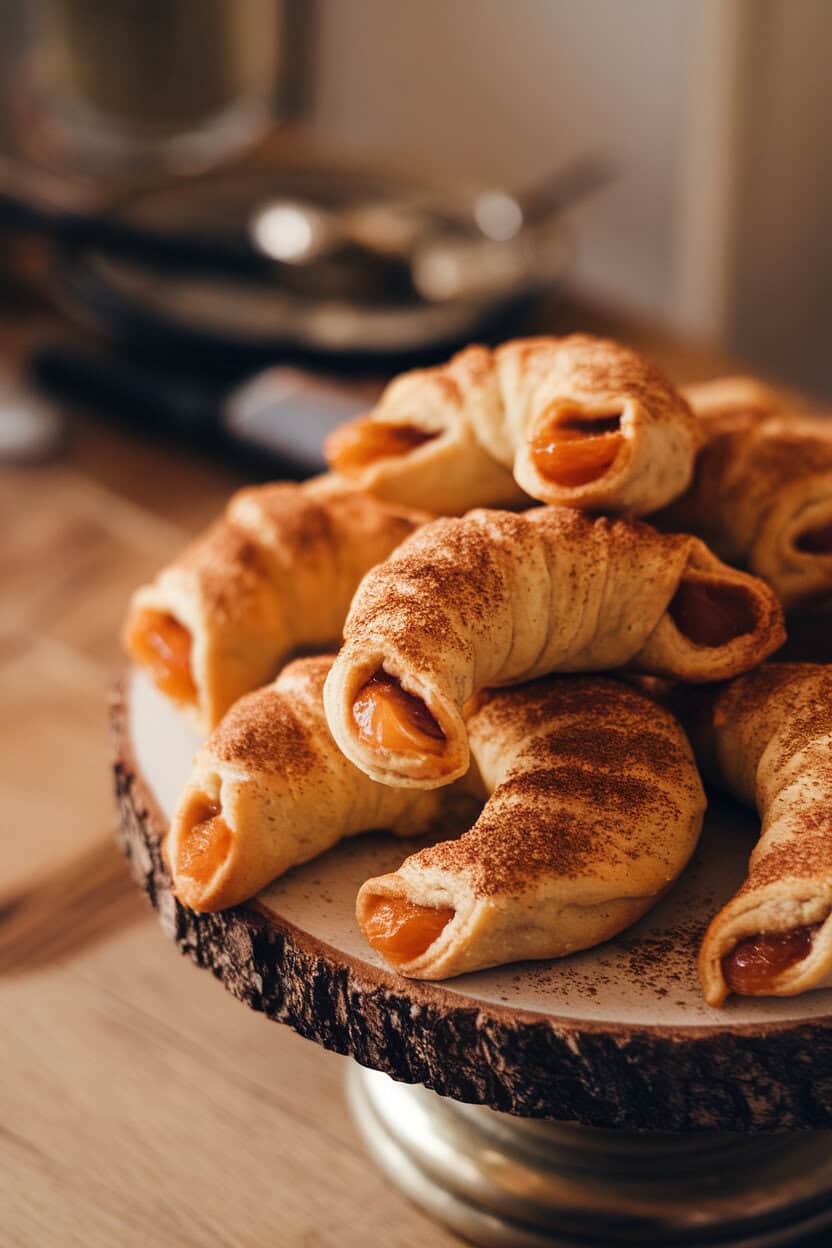 An indoor photo of crescent-shaped rugelach sprinkled with cinnamon sugar, apricot filling peeking at the ends, stacked on a serving board. No text or logos.