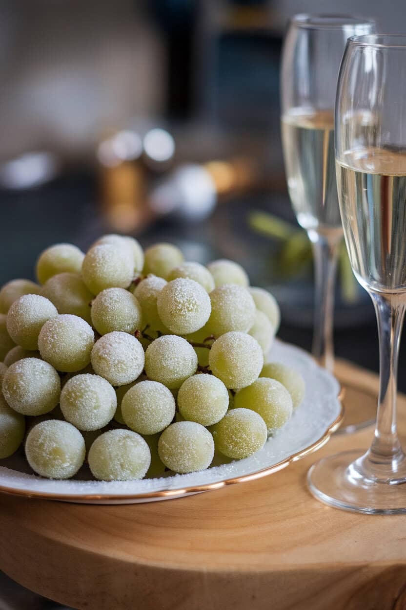 Indoor plate of frozen seedless grapes coated with fine sugar crystals, next to champagne glasses, no text or logos visible.