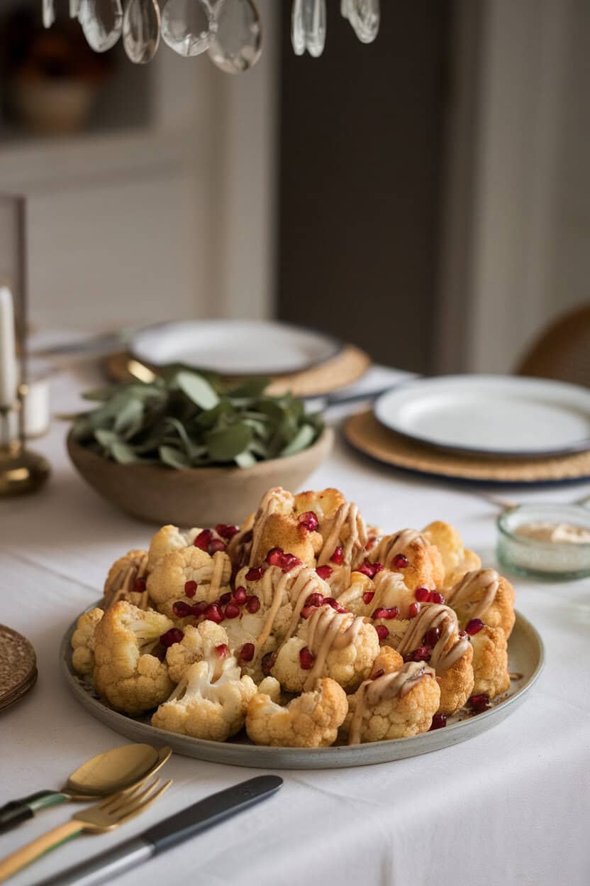 An indoor dining table showcasing a shallow platter of golden roasted cauliflower florets drizzled with tahini sauce and sprinkled with pomegranate seeds. No text or logos. Photo.
