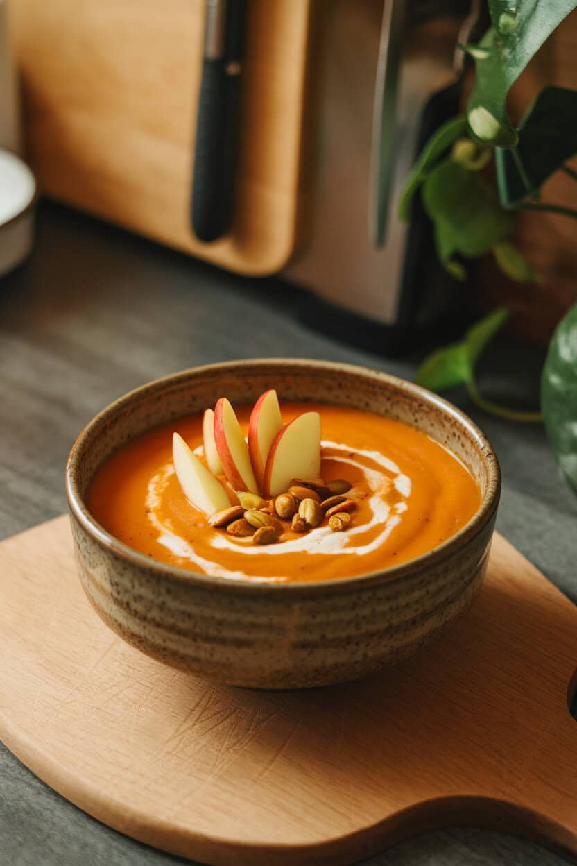 Photo of a creamy orange soup in a ceramic bowl, topped with apple matchsticks and toasted pepitas, resting on an indoor countertop. No text or logos.