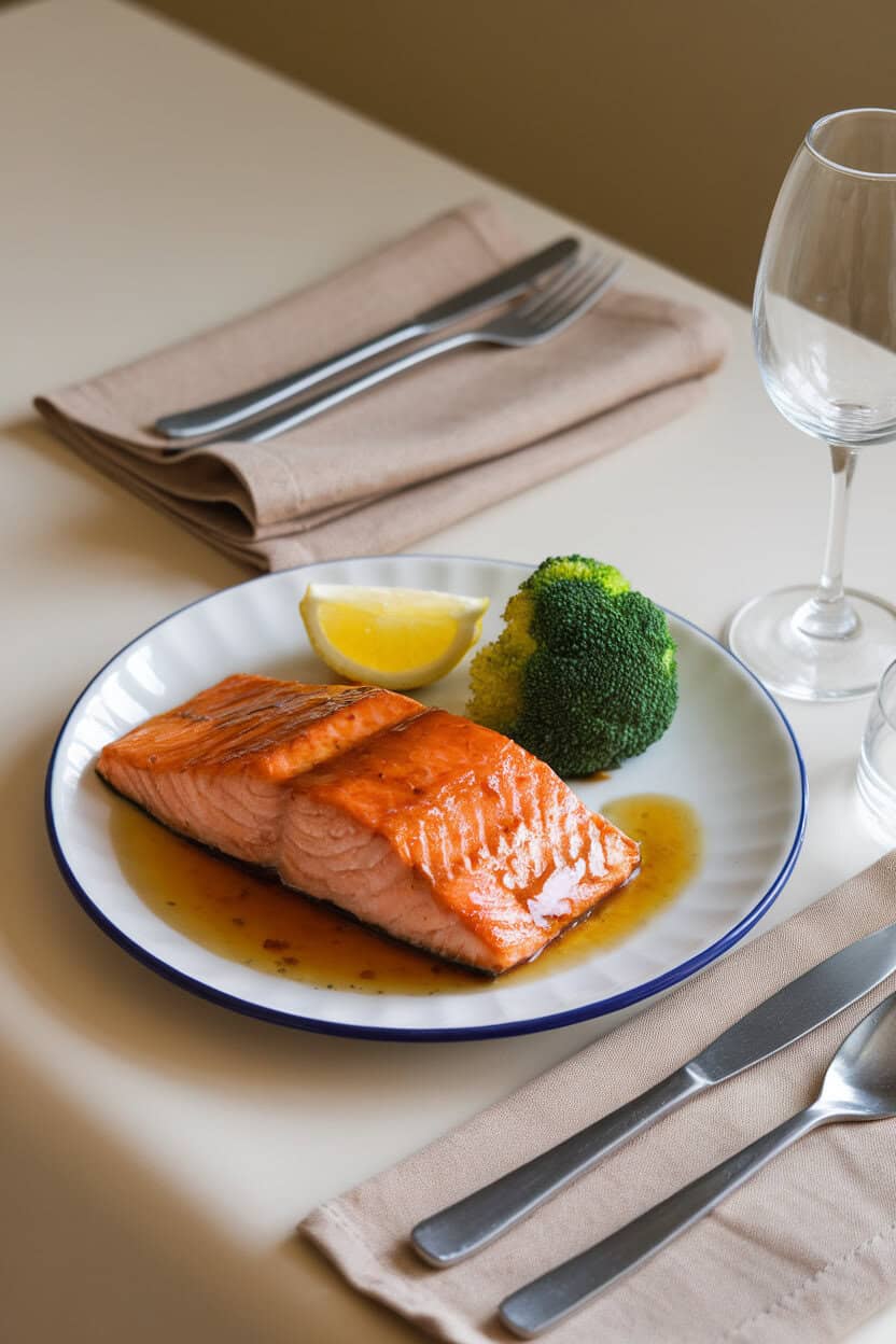 An indoor dinner table showcasing cooked salmon fillets glazed with teriyaki sauce beside bright green steamed broccoli florets and a lemon wedge. Photo only, no text or logos.