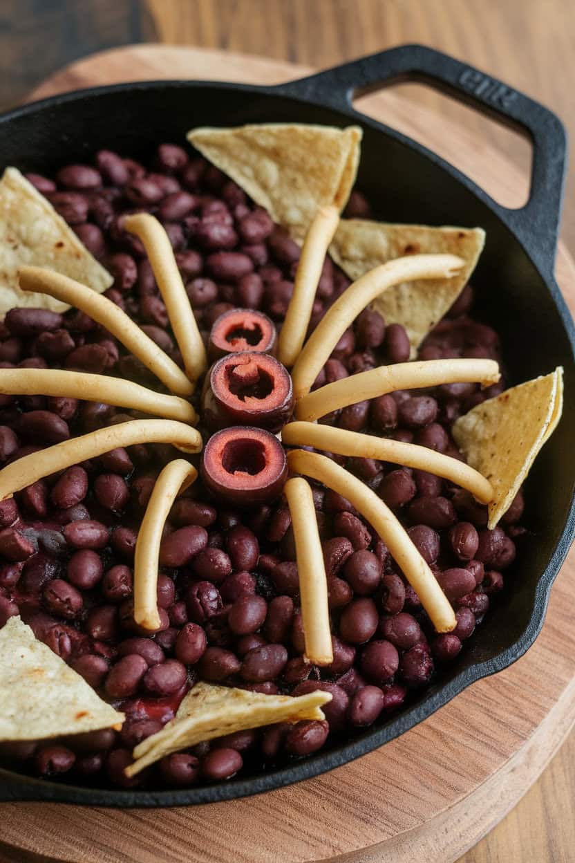 An indoor cast-iron skillet layered with black bean nachos topped by a spider shape made from olive halves and tortilla wedge legs. No logos or text, photo only.