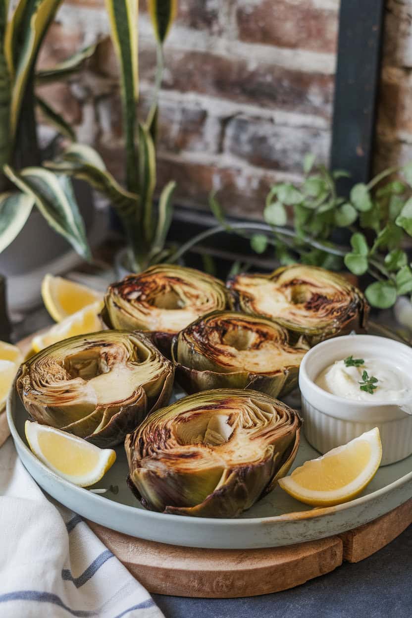 An indoor platter holding halved grilled artichokes with visible char, lemon wedges, and a small ramekin of garlic aioli. No text or logos visible.
