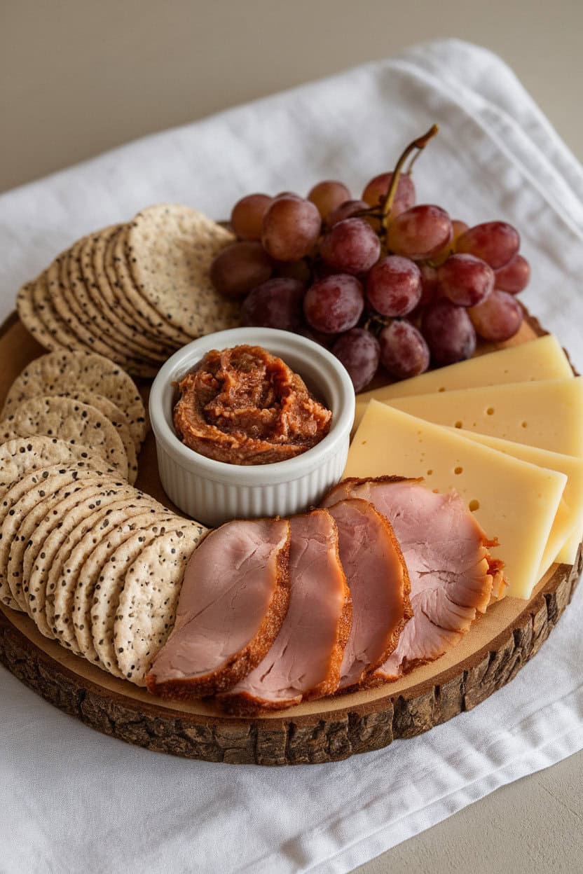 Photo indoors of a platter with rice crackers, smoked turkey, swiss cheese slices, grapes, and fig spread in a ramekin, neutral lighting, no logos.