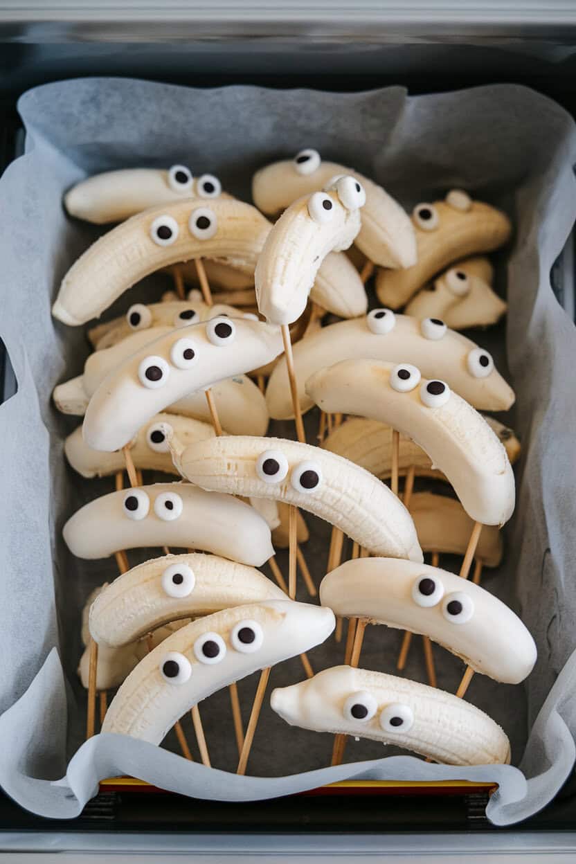 An indoor freezer open view of banana halves on sticks, coated in white chocolate with mini chocolate-chip eyes, laid on a parchment tray. No text or logos anywhere.