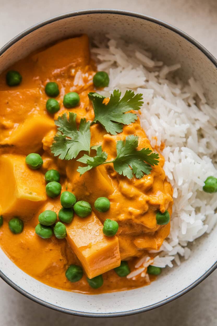 Indoor photo of a shallow bowl of vibrant orange curry with squash chunks, green peas, and cilantro garnish; served over jasmine rice, no text or logos.