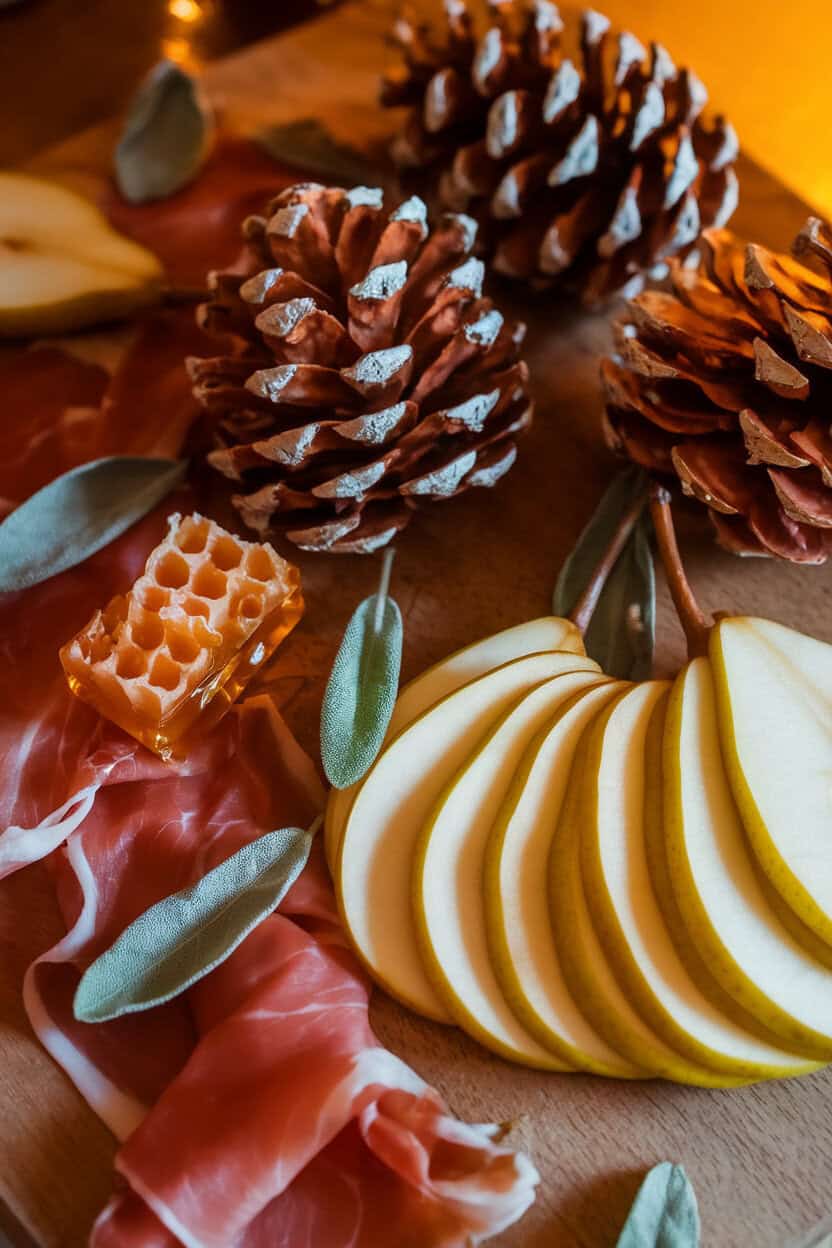 Indoor photo of thin pear slices fanned beside folded prosciutto resembling pinecones, with honeycomb chunks and fresh sage leaves scattered around. Warm indoor light; no text or logos. Photo, not illustration.