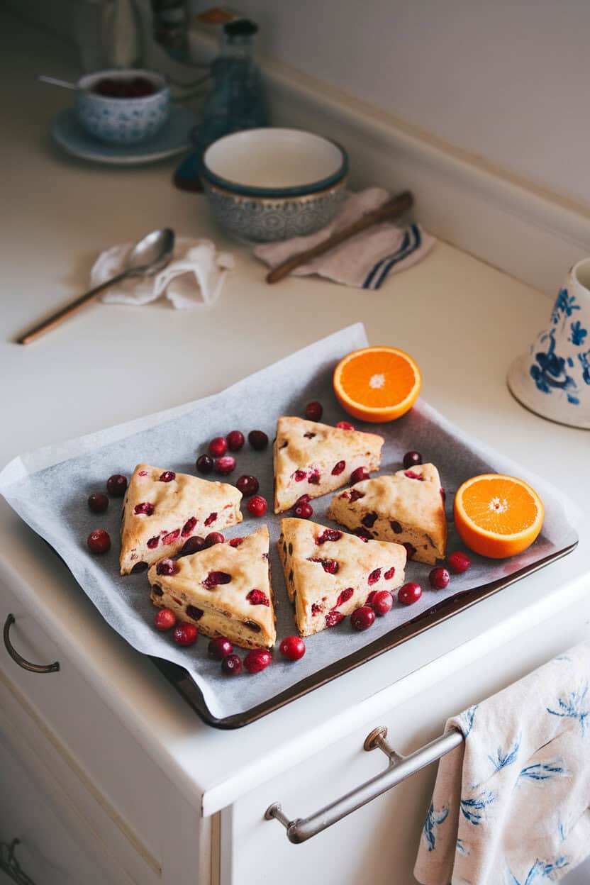 Indoor bakery-style countertop displaying triangular cranberry-orange scones on a parchment-lined tray, a sliced orange nearby for color. Soft natural light, no text or logos in view. Photo, not illustration.