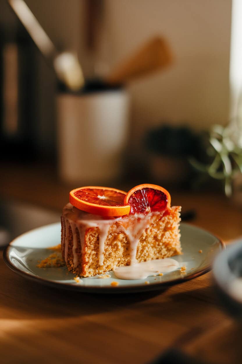 A warmly lit indoor counter with a single slice of olive-oil cake topped with thin blood-orange slices and a light glaze pooling on the plate. Photo only; no logos or text.