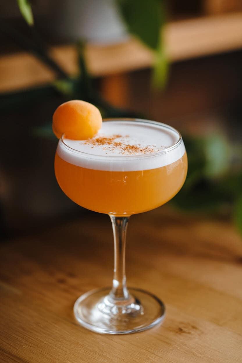 Photo of a stemmed glass indoors, golden apricot flip crowned with foamy head, tiny grated cinnamon dusting. No text or logos.