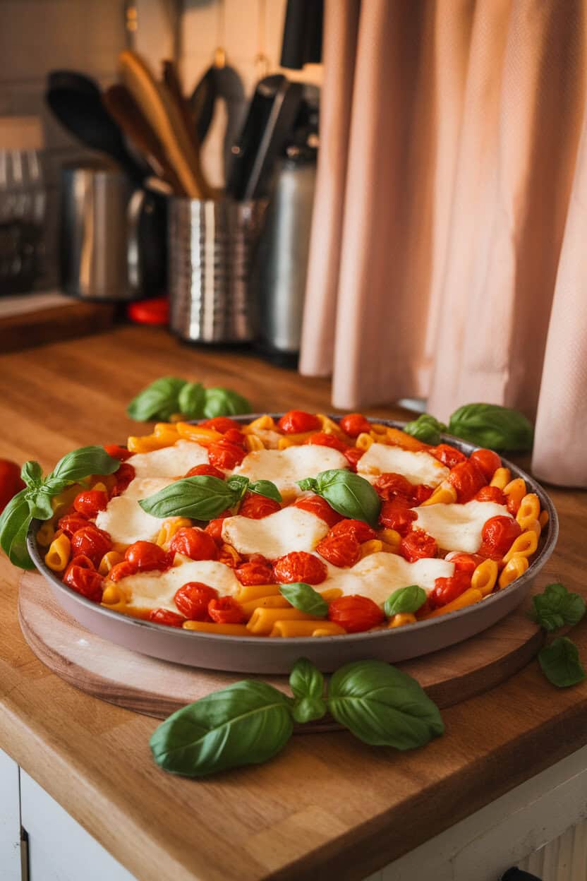 Indoor kitchen island with a vibrant casserole of penne, cherry tomatoes, basil leaves, and melted mozzarella puddles. Photo only, no text or logos.