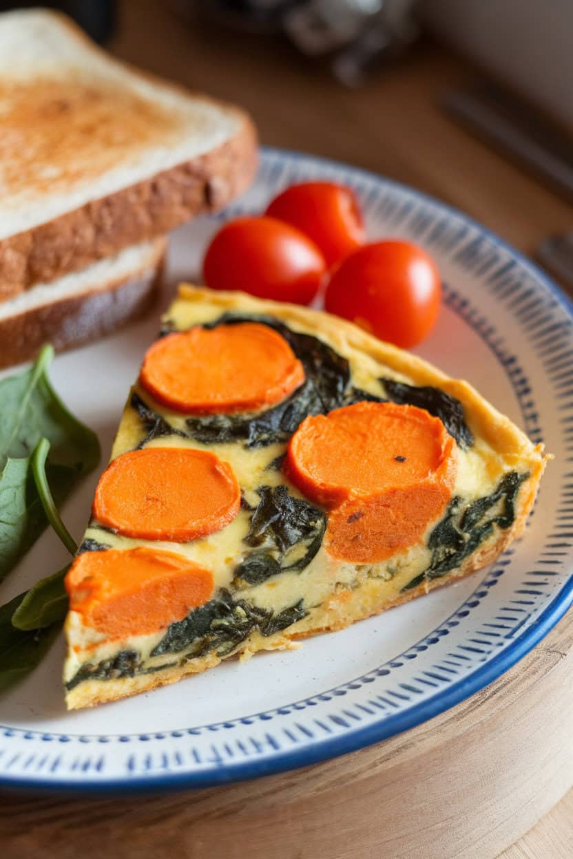 Photo of a slice of frittata with visible sweet potato circles and wilted spinach, served on a brunch plate indoors. No text or logos.