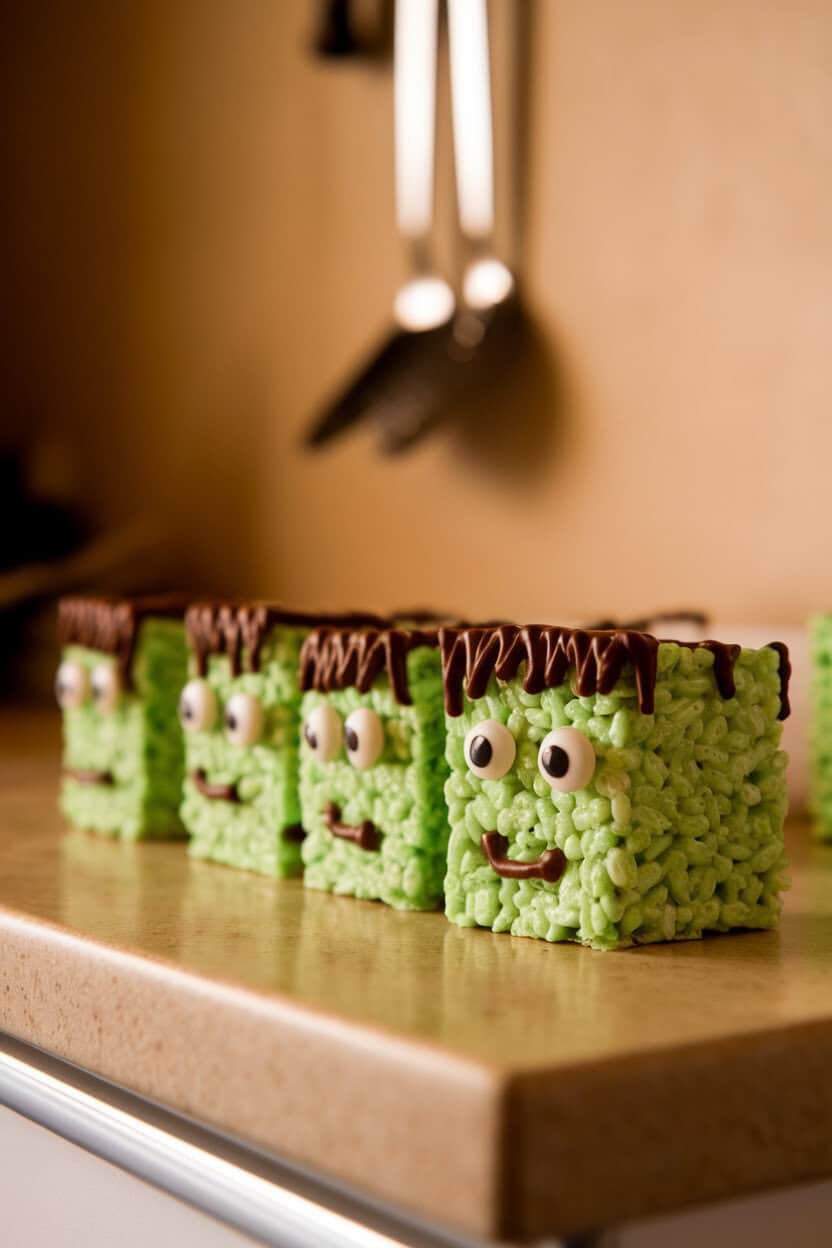 A warmly lit indoor countertop lined with green-tinted Rice Krispie squares, each decorated with melted chocolate “hair” and candy eyes to resemble Frankenstein’s monster. No logos or text; photo.