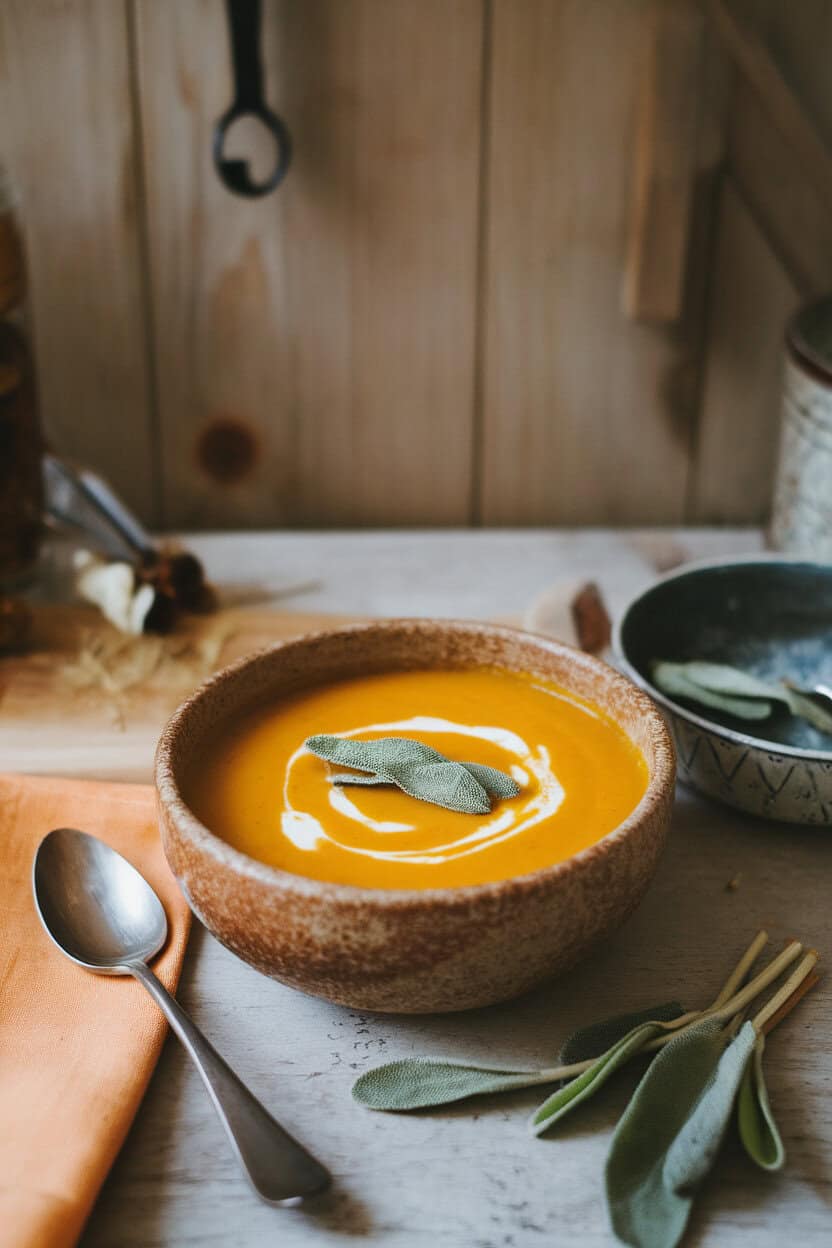 A cozy indoor kitchen table featuring a rustic bowl of velvety orange butternut squash soup, a swirl of cream, and a few fried sage leaves floating on top; no text or logos. Photo.