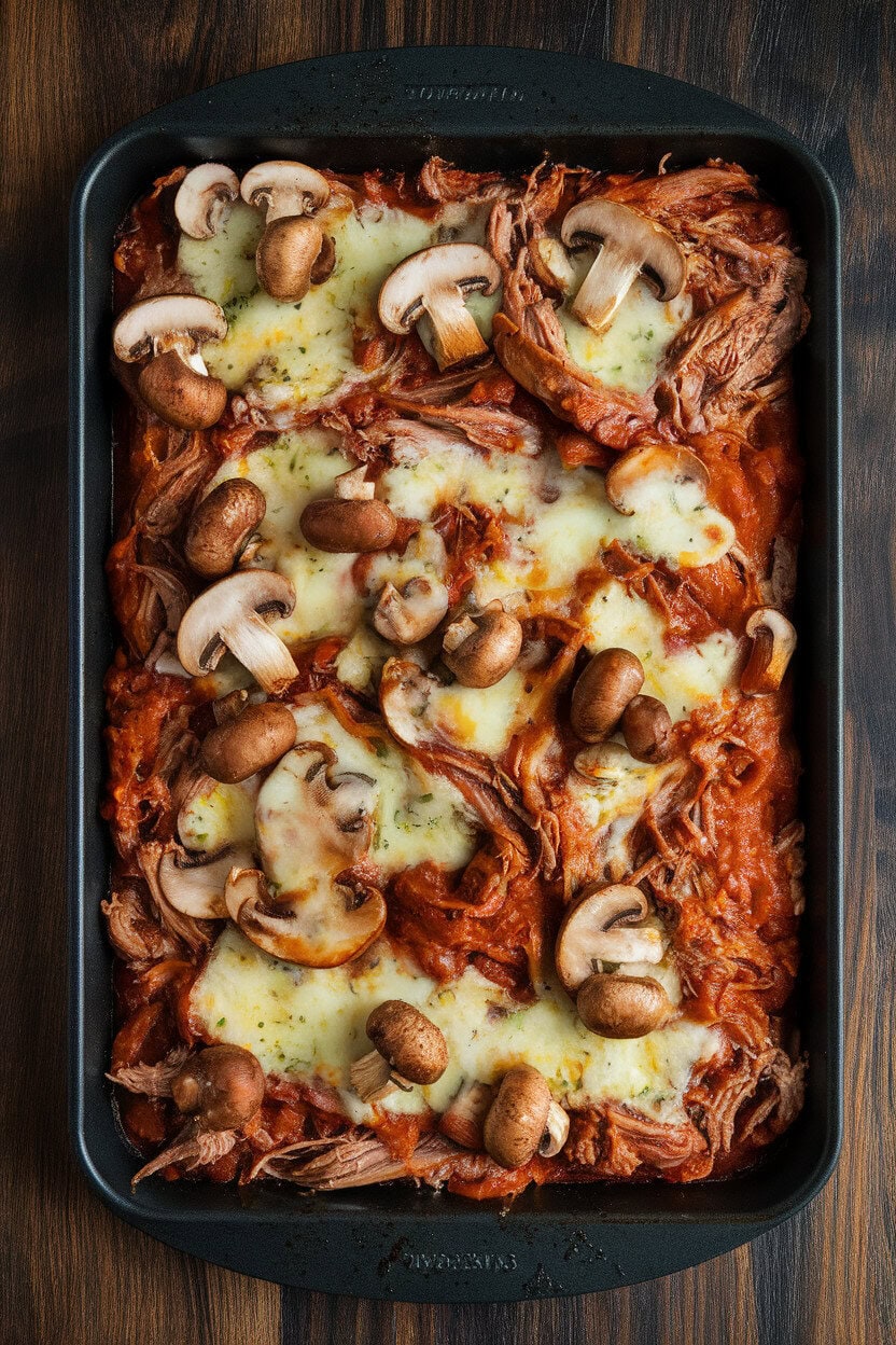 Photo indoors of a dark baking tray showcasing mushrooms overfilled with saucy pulled pork and melted pepper jack strings. No text or logos present.